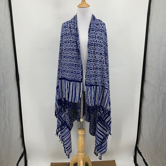 Antik Batik Wrap Womens OS One Size Blue Multi Printed Tassel Scarf Boho Shawl - Picture 2 of 9